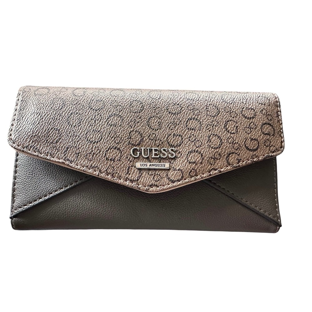 GUESS Trifold Wallet Women OS Brown Monogram Logo Excellent Snap Closure Pocket